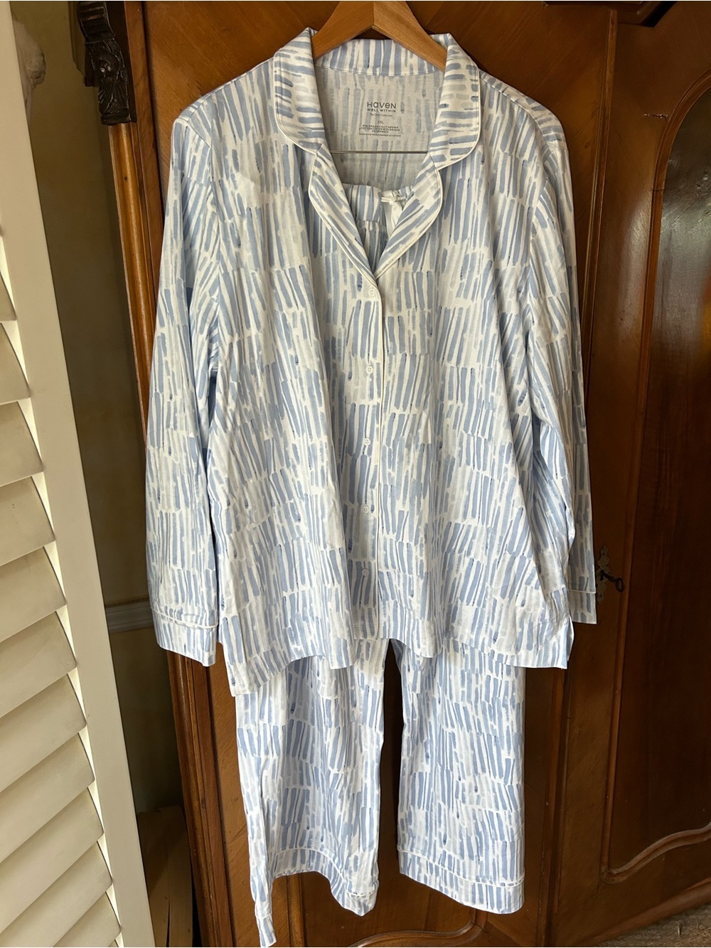 Haven Well Within Ikat Blue & White Striped Lounge Pajama Set cotton Jersey.